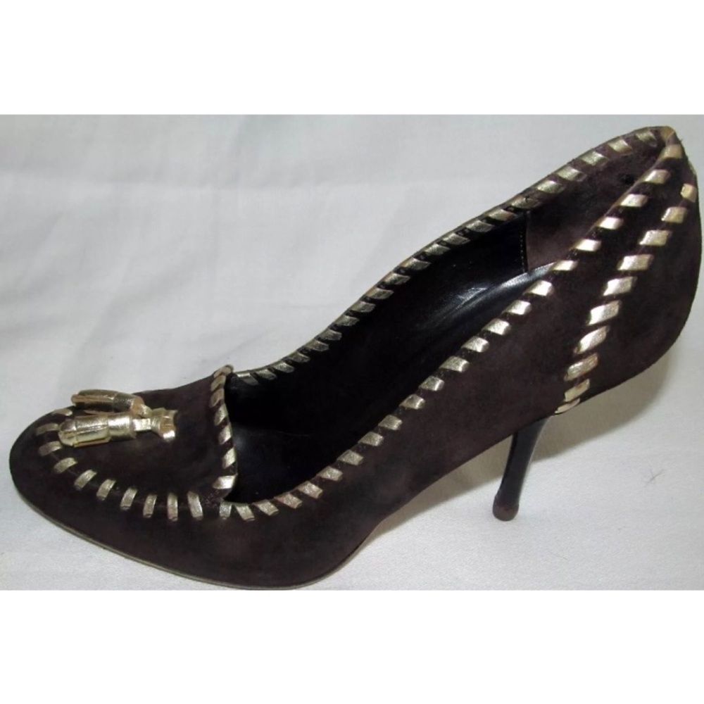 GUCCI Brown Suede Tassel Loafer Gold Stitch Heel Pumps Shoes Womens Size 6B 6 B - Picture 9 of 15